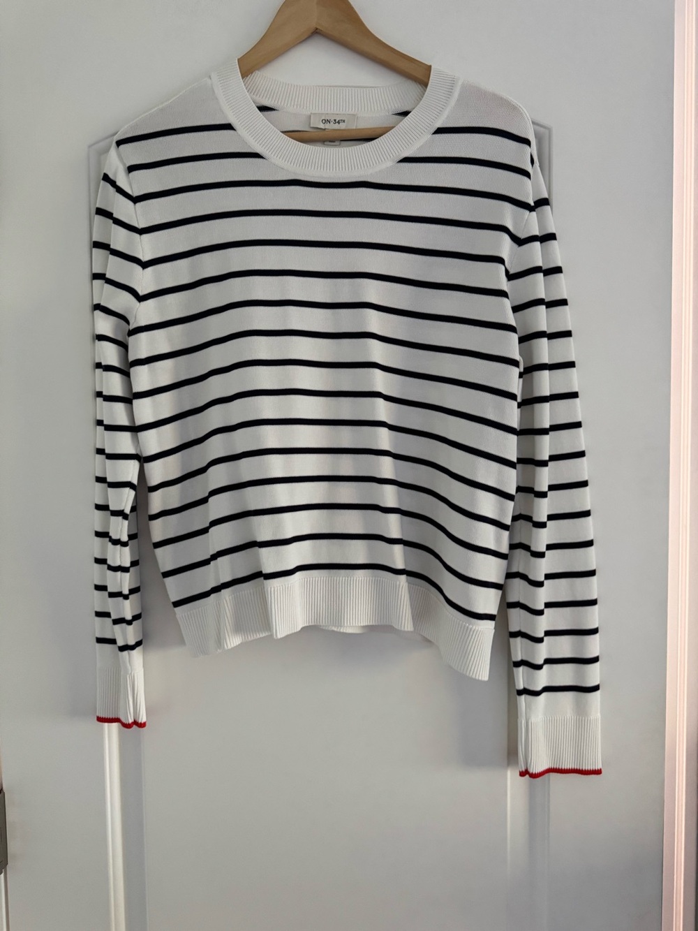Striped Crewneck Sweater with Red Trim
